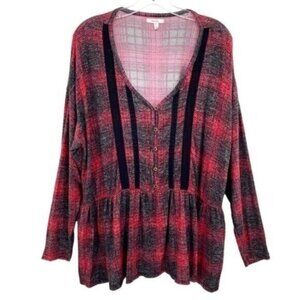 Maurices Red Plaid Burnout Grunge Henley Peplum Top 2X